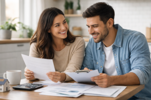 Casal em reunião para entender devolução de consórcio cancelado