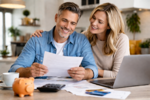 Casal sorrindo enquanto analisa documentos financeiros em casa, avaliando opções para recuperar dinheiro de consórcio cancelado com tranquilidade.