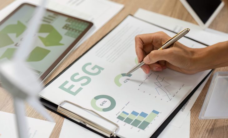 Pessoa analisando relatório de sustentabilidade com foco em ESG e mercado de consórcios.